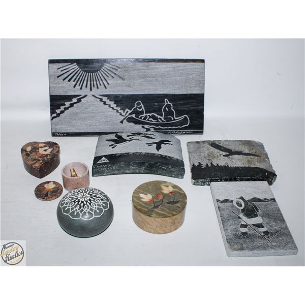 FLAT OF ASSORTED STONE CARVINGS & TRINKET BOXES