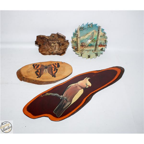 FLAT OF 2 WOOD COOKIE PAINTINGS & 2 CLOCKS