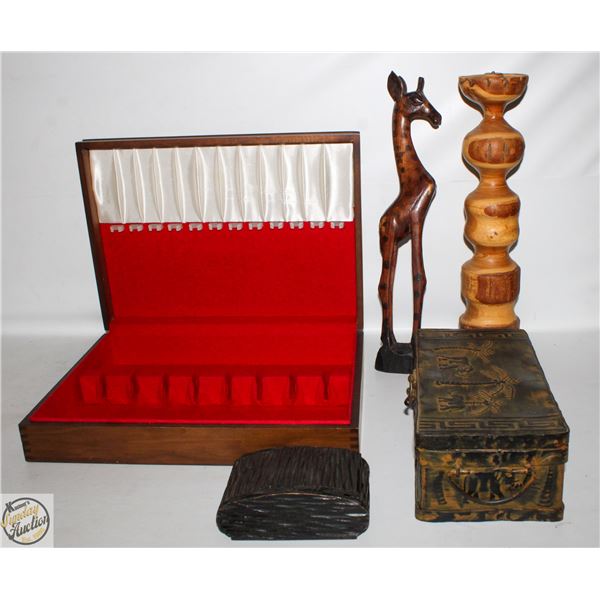 LOT OF WOOD CARVINGS & TRINKET BOXES
