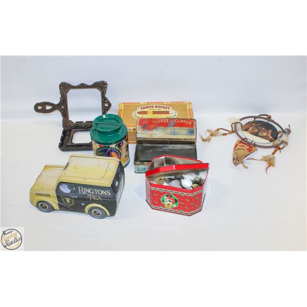 FLAT OF ASSORTED TINS, CIGAR BOXES & MORE