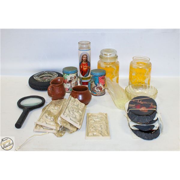 FLAT OF ASSORTED DECOR, ASH TRAYS, SALT & PEPPER