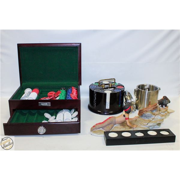 FLAT OF 2 POKER SETS, NATIVE ORNAMENT & MORE