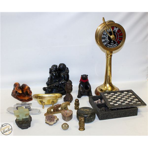 FLAT OF ASSORTED DECOR INCL: WOOD & STONE CARVINGS