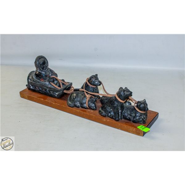 INUIT STYLE DOG SLED TEAM FIGURE SCENE ON WOOD