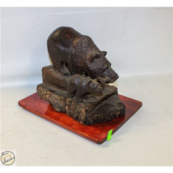 WOOD CARVED MOTHER BEAR & CUBS SCULPTURE W/ WOOD