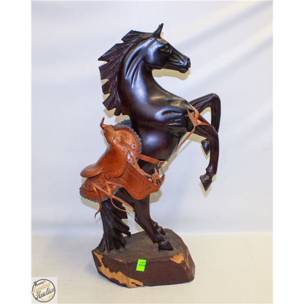 WOOD CARVED HORSE W/ SADDLE SCULPTURE APPROX 21"