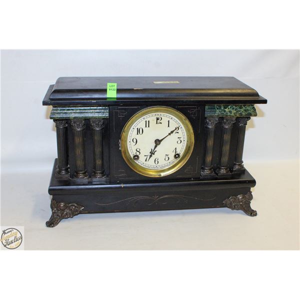 BLACK MANTEL CLOCK W/ FAUX MARBLE COLUMNS