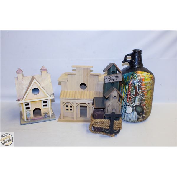 3 WOODEN MODEL HOUSES W/ PAINTED CERAMIC JUG