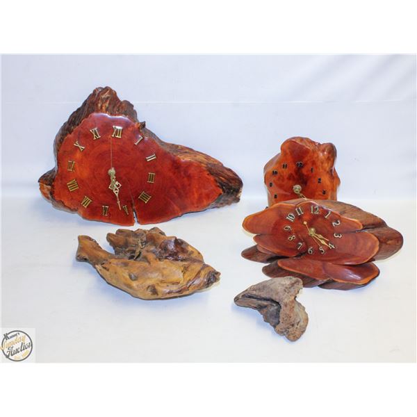 FLAT OF WOOD COOKIE CLOCKS & DRIFT WOOD ART