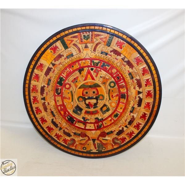 WOOD CARVED AZTEC SUNSTONE PLAQUE 23.5" DIA