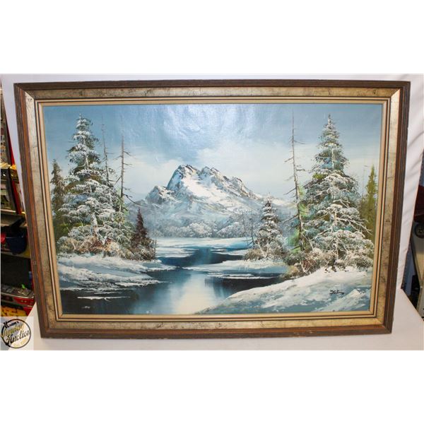 FRAMED WINTER MOUNTAIN LANDSCAPE OIL ON CANVAS