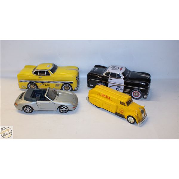 FLAT W/ 2 DIECAST CARS & 2 CAR SHAPED TINS