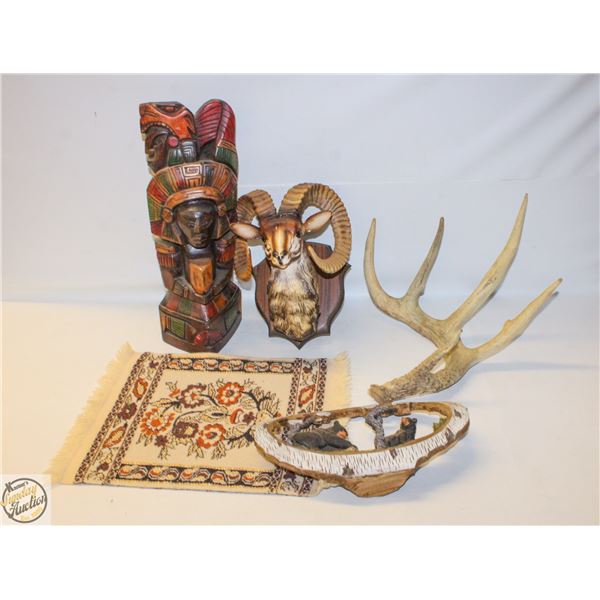 FLAT OF WOOD CARVINGS, SHED ANTLER & MORE