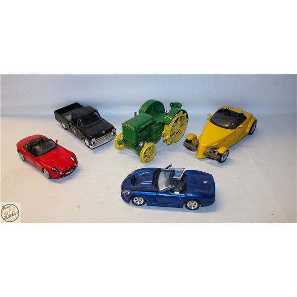 FLAT OF 4 DIECAST CARS & 1 DIECAST JOHN DEERE