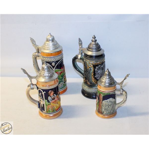 FLAT OF 4 VINTAGE GERMAN BEER STEINS "JAGERLATEIN"