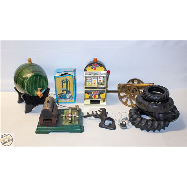 FLAT OF VINTAGE COLLECTIBLES INCLUDES BRASS CANNON