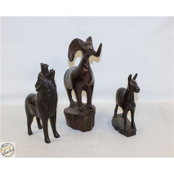 3 CARVED IRONWOOD FIGURES INCLUDES WOLF, RAM AND