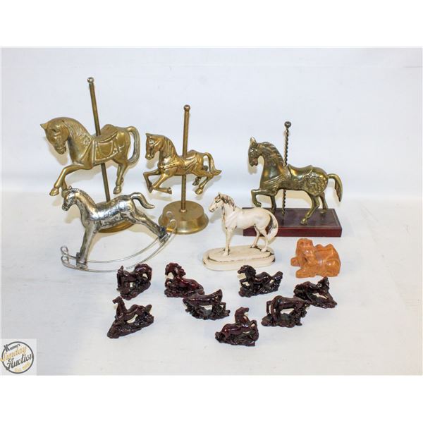 LOT OF EQUESTRIAN FIGURES INCLUDES BRASS, WOOD AND