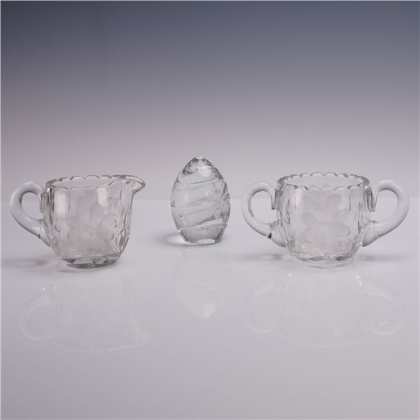3pc Cut Glass Creamer and Sugar Set with Sullivans Egg Paperweight