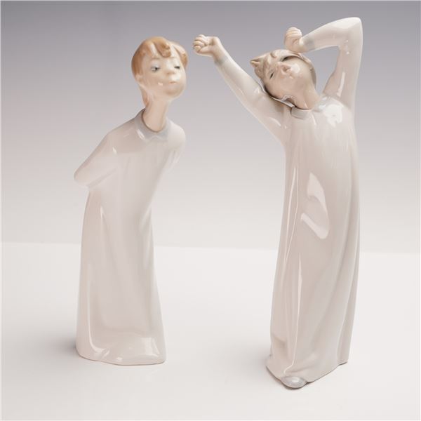 2pc Lladro Porcelain Figurines, Boy Yawning and Boy Kissing