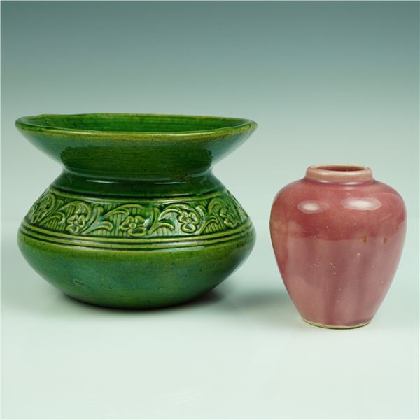 2pc Art Pottery Vessels Green Relief-Decorated Bowl & Small Rose-Pink Vase