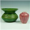 Image 1 : 2pc Art Pottery Vessels Green Relief-Decorated Bowl & Small Rose-Pink Vase