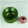 Image 2 : 2pc Art Pottery Vessels Green Relief-Decorated Bowl & Small Rose-Pink Vase