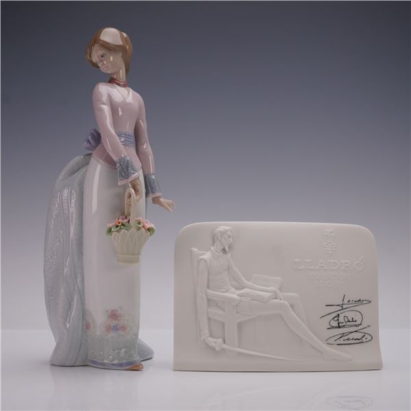 2pc Lladro Porcelain Lot, Basket of Love Figurine and Charter Member Plaque