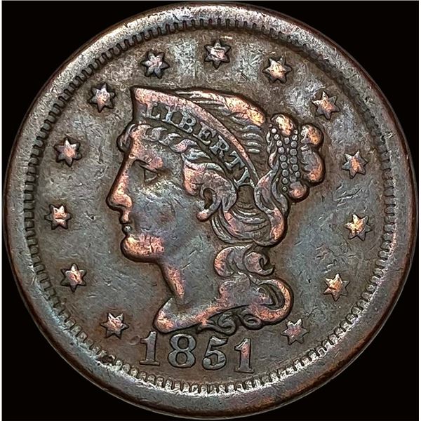 1851 Braided Hair Large Cent LIGHTLY  CIRCULATED