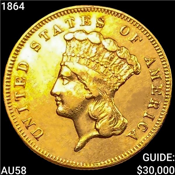 1864 $3 Gold Piece CHOICE AU