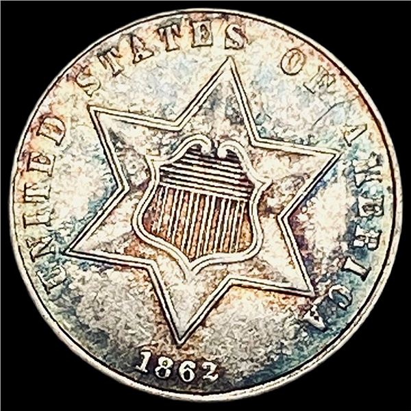 1862 Toned Silver Three-Cent Piece CLOSELY UNCIRCULATED