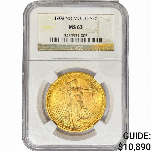 1908 $20 Gold Double Eagle NGC MS63 No Motto