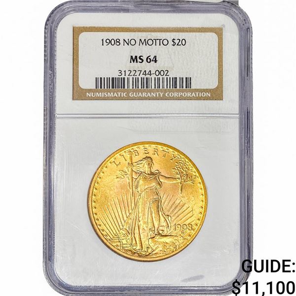 1908 $20 Gold Double Eagle NGC MS64 No Motto