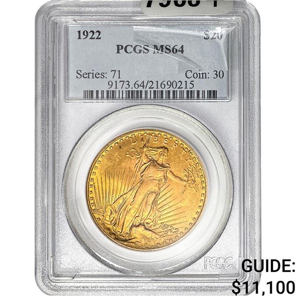 1922 $20 Gold Double Eagle PCGS MS64