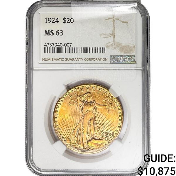 1924 $20 Gold Double Eagle NGC MS63