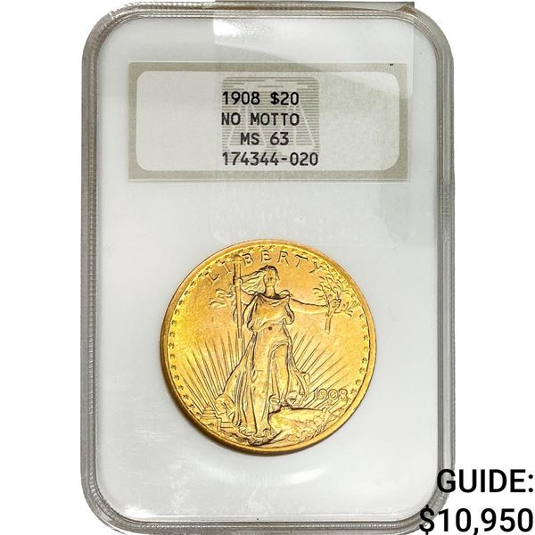 1908 $20 Gold Double Eagle NGC MS63 NO Motto