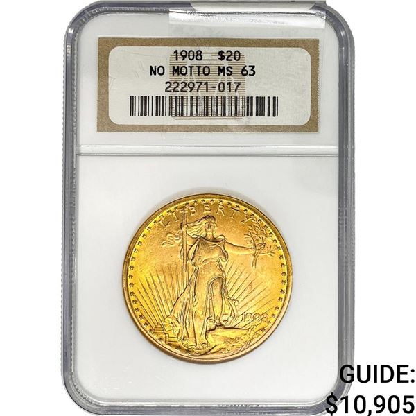 1908 $20 Gold Double Eagle NGC MS63 No Motto