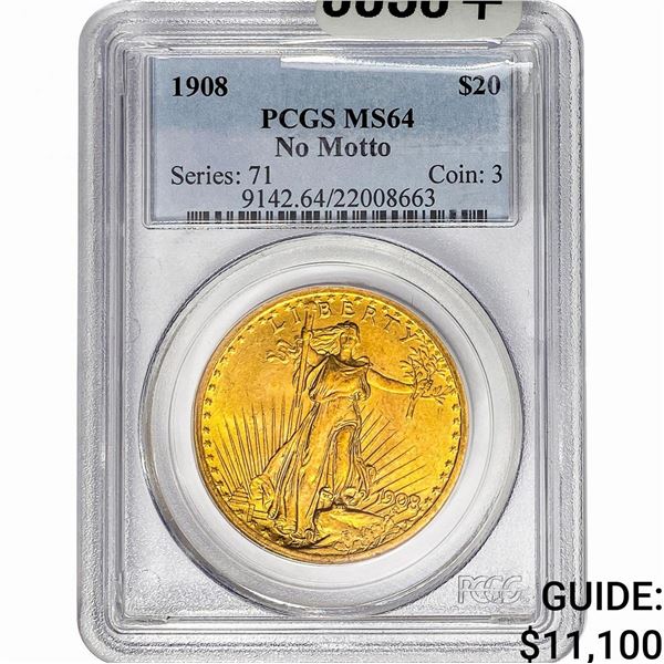 1908 $20 Gold Double Eagle PCGS MS64 No Motto