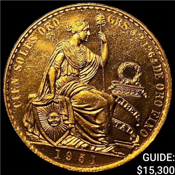 1951 Peru Gold 100 Soles 1.357AGW UNCIRCULATED