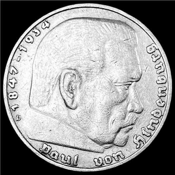 1936-D Germany Silver 5 Reichsmark CLOSELY UNCIRCULATED
