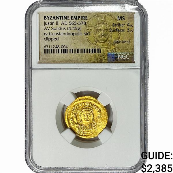 Byzantine Justin II AD 565-578 Gold Solidus 4.45G NGC MS
