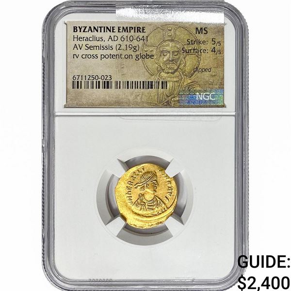 Byzantine Heraclius AD610-641 Gold Semissis 2.19G NGC MS