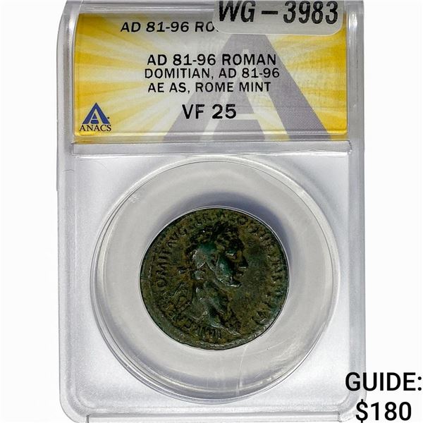 Roman Domitian, AD 81-96 Bronze AS ANACS VF25