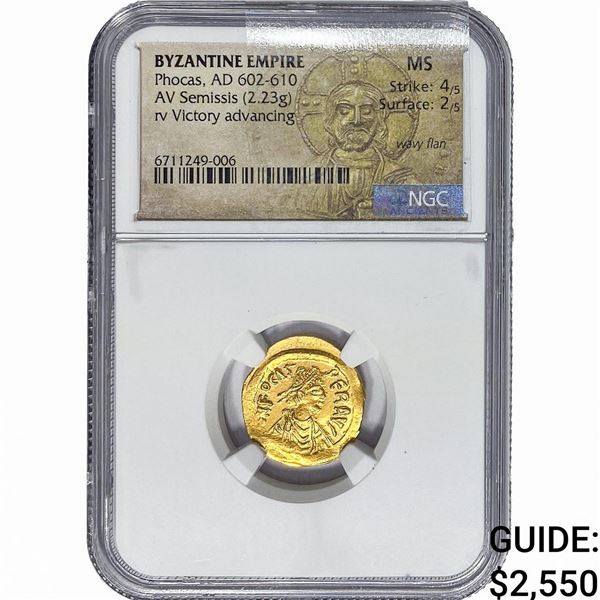 Byzantine Phocas, AD 602-610 Gold Semissis 2.23G NGC MS
