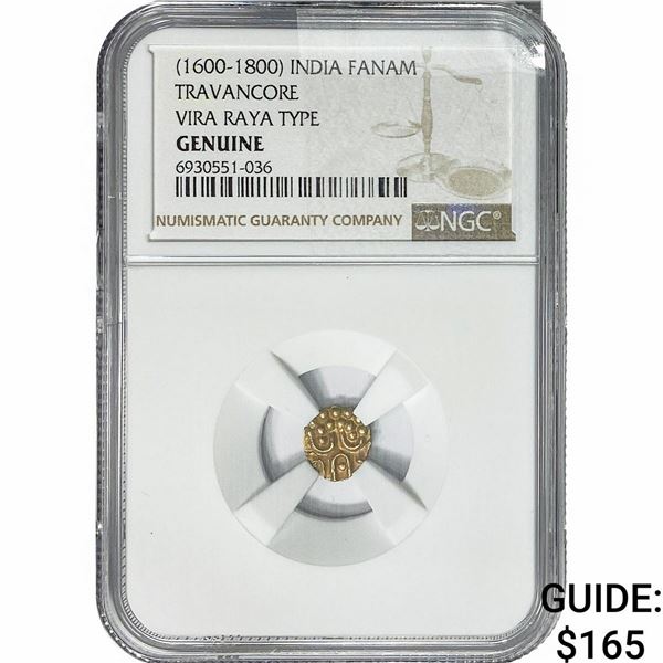 1600-1800 India Fanam Travancore Vira Raya Ty.014G NGC