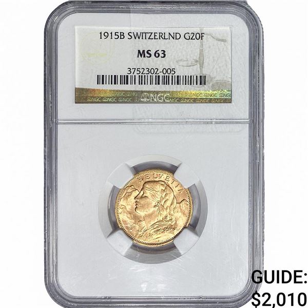 1915B Switzerland Gold 20 Francs .186 AGW NGC MS63
