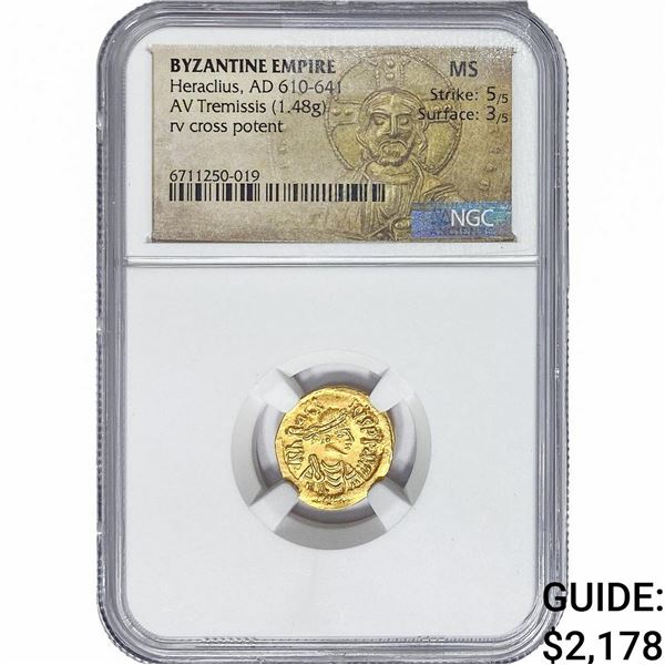 Byzantine Heraclius 610-641 Gold Tremissis 1.48G NGC MS
