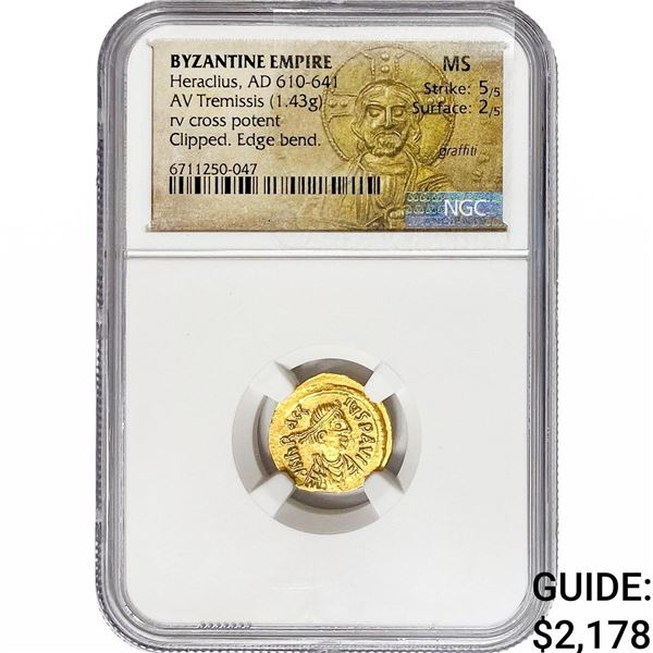 Byzantine Heraclius 610-641 Gold Tremissis 1.43G NGC MS