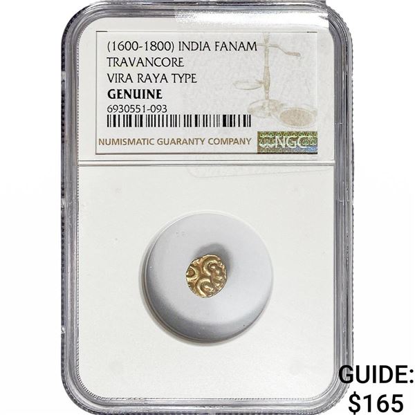 1600-1800 India Fanam Travancore Vira Raya .014AGW NGC