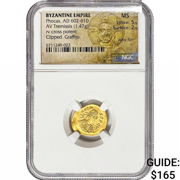 Byzantine Phocas, AD 602-610 Gold Tremissis 1.47G NGC MS